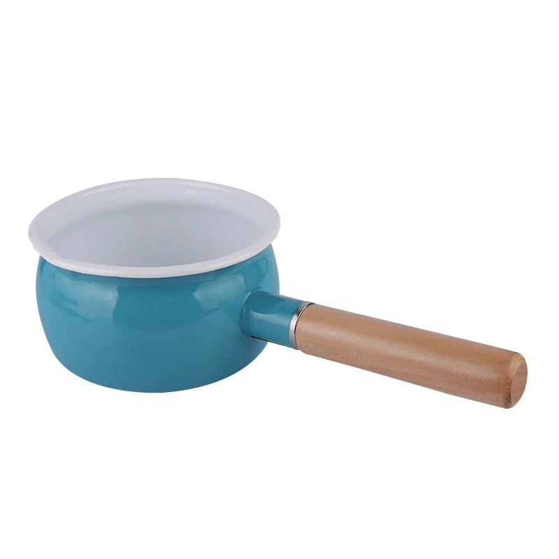 Enamel metal pot carbon steel milk cute pan 15cm cooking sauce pan cookware set with single wooden handle