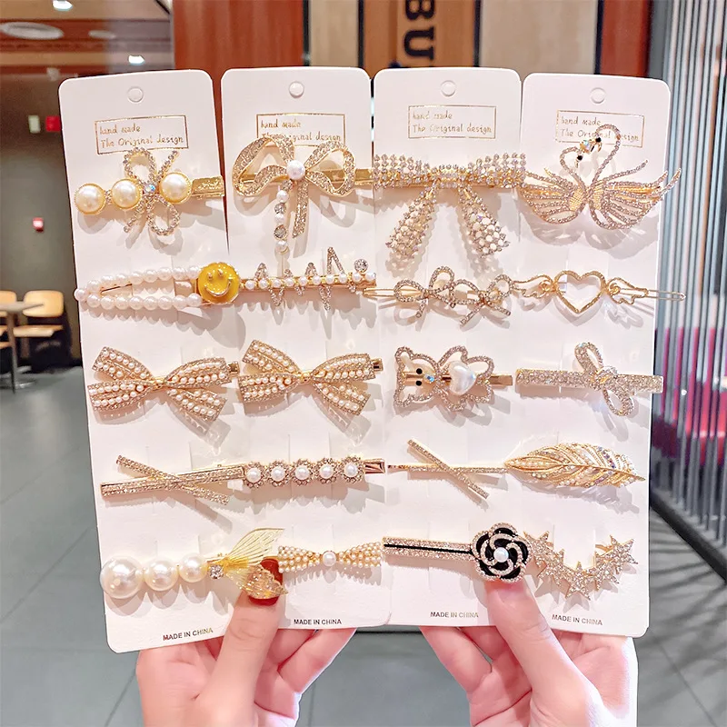 5Piece/SET INS Style Pearl metal Hairpins Rhinestone Hairpins Temperament Girl Feather Bow Geometry hairpin