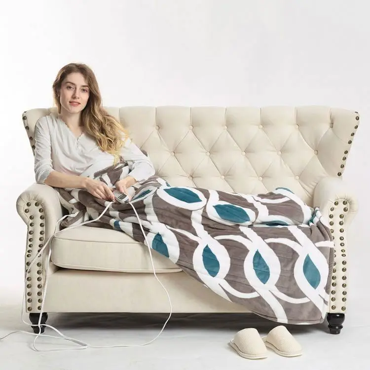 Custom Printing Grey and Green Portable flannel heated electric throw blanket