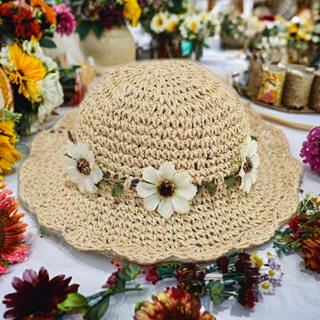 BESTELLA Brand Wholesale custom logo print summer beach with flower sunshade girl breathable Crochet knitted Bohemian straw hat