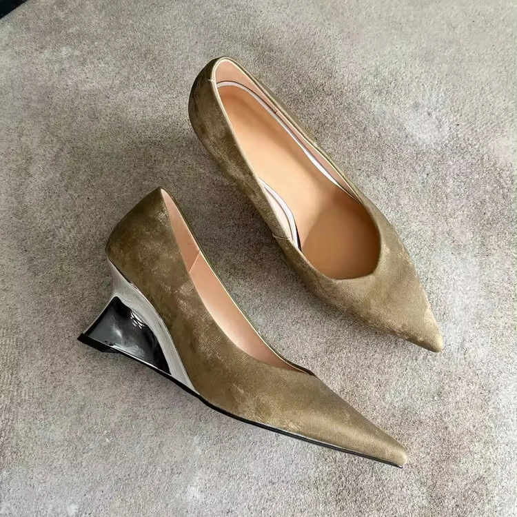 Xinzirain Elegant Ladies Mid Heel Pump Shoes High Quality Suede Leather Pointy Toe Shallow Mouth 7cm Wedge Heel Soft Weddings