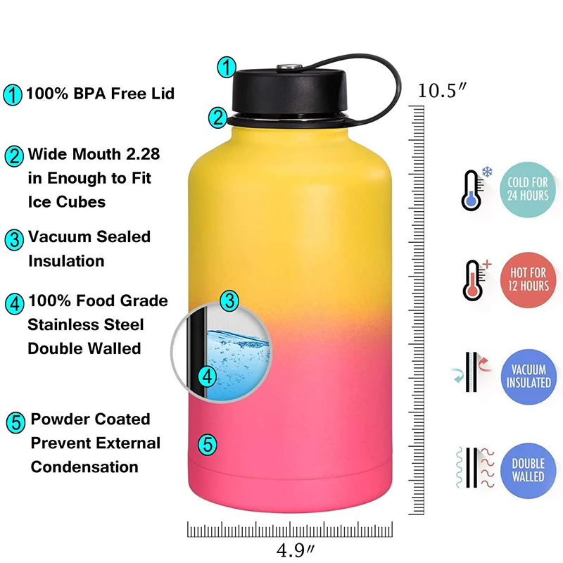 304 Gallon 2 Liter Stainless Steel Wide Mouth Water Jug 128 Oz Insulated Water Bottles Handle Jug Arabic Vacuum Flask Bottle Set