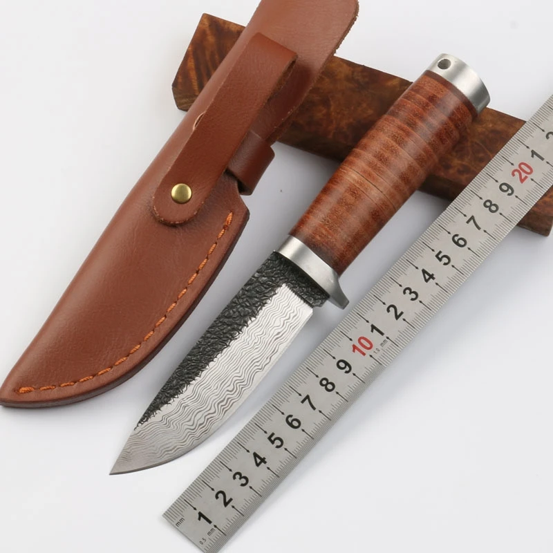 Small fixed blade utility browning knife outdoor hunting pocket knife with leather sheath cowhide handle