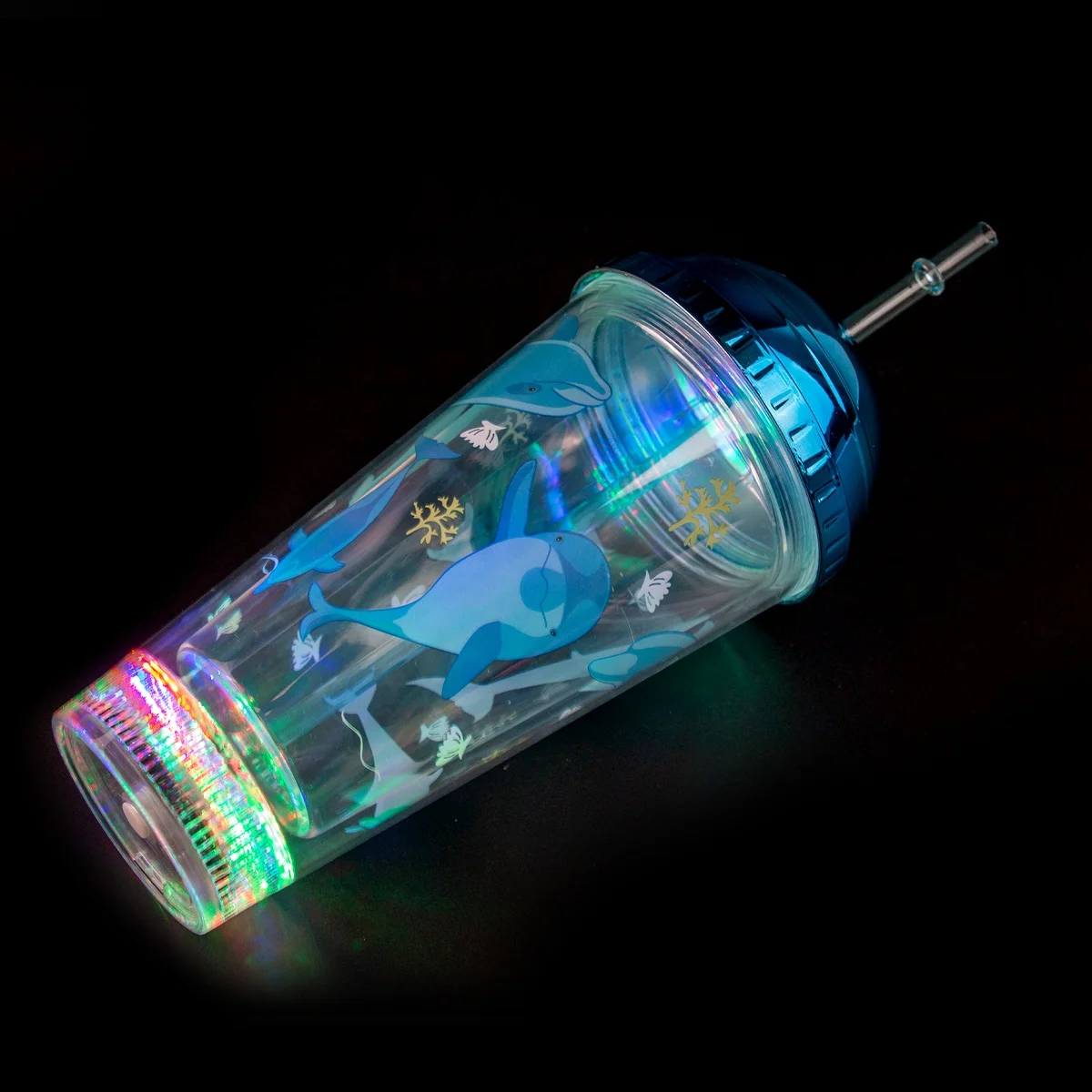 16oz Multicolor LED Double Wall Tumbler Cup Flashing Plastic Straw Cup