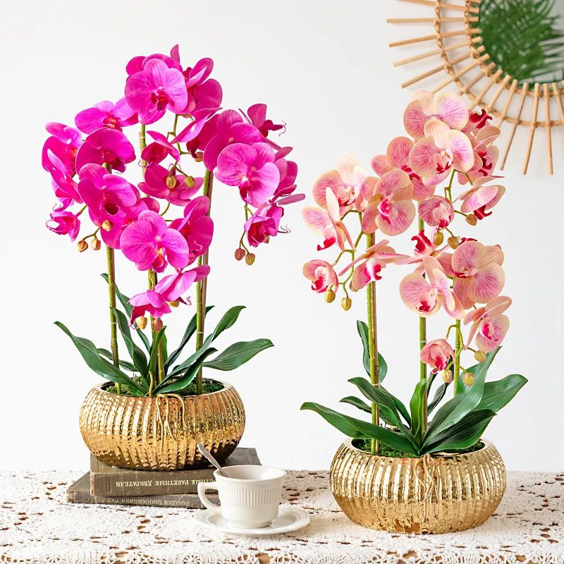 Artificial White Phalaenopsis Orchid Flower Arrangements Faux Orchid Flower in gold Pot Orchid Centerpiece