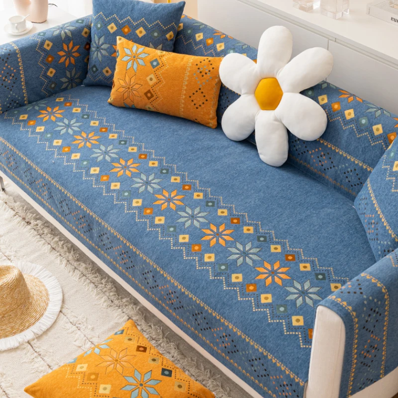 Simple Multi-person Sectional Sofa Cover Dirt Resistant Flower Rhombus Printed Fabric Sofa Cover