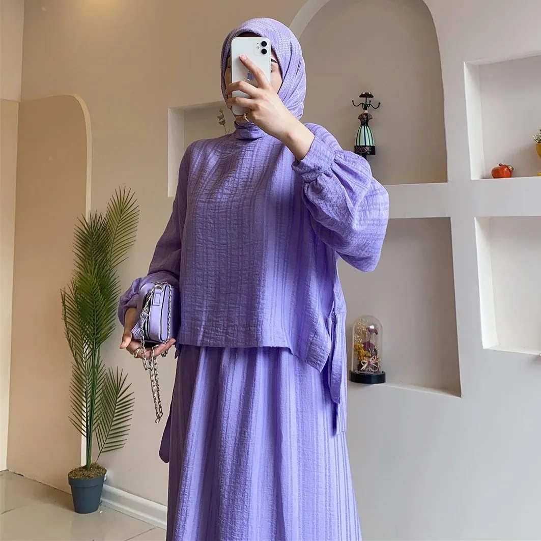 new fashion long sleeved dress women clothing spring two piece sets solid color elegant women muslim dress