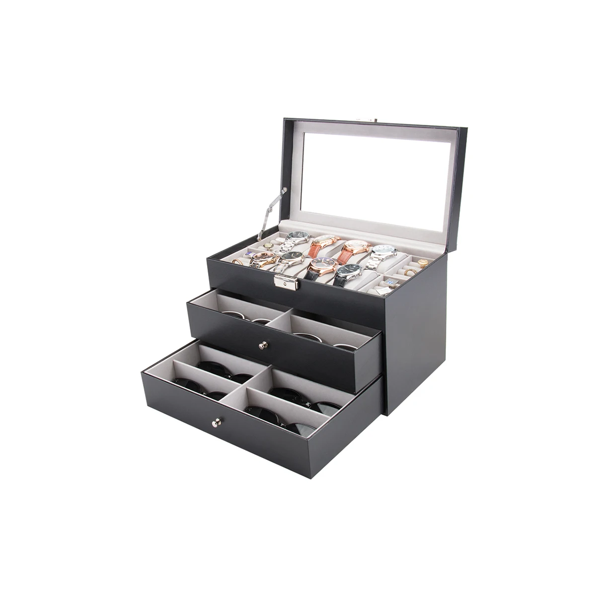 
High-End Style Leather Three-Layer 8 Watch + Ring Jewelry +12 Glasses Jewelry Box Multi-Functional Storage Display Case 
