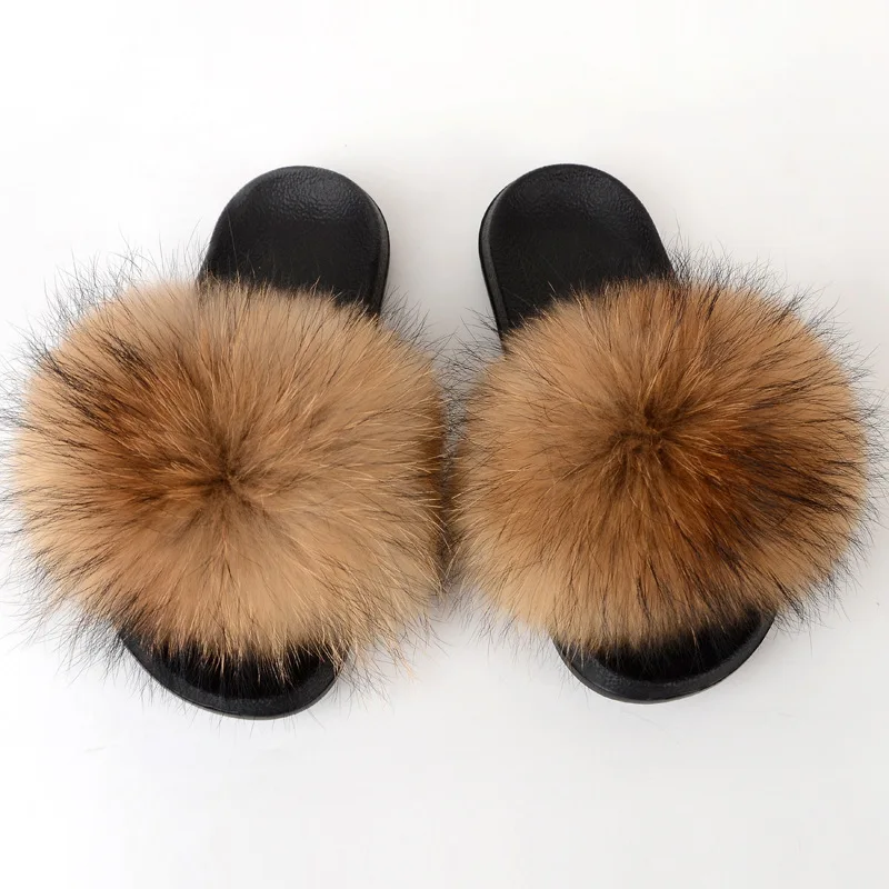 Real Fur Slides Fox Slippers Women Fluffy Slippers Fox Fur Slipper