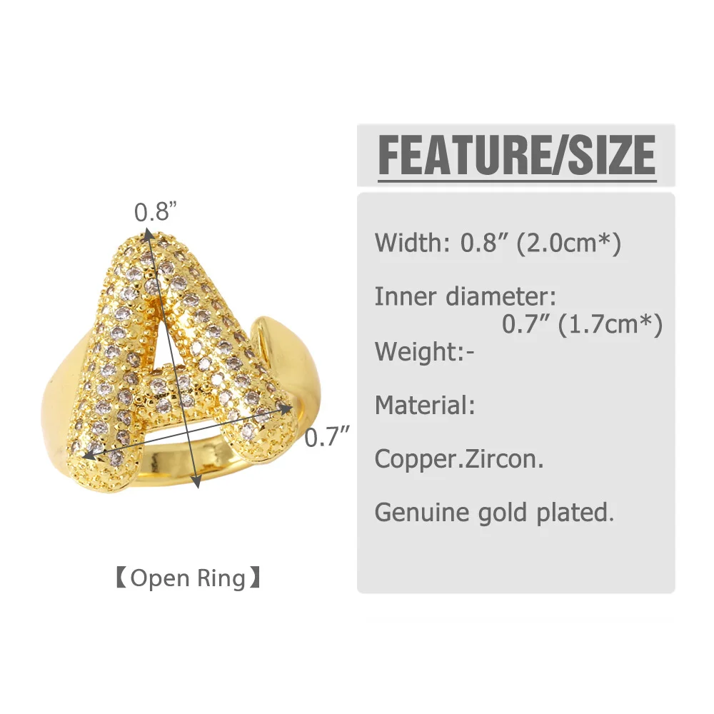 New Arrival Simple 26 English Letters Copper Gold Plated Full Zirconia Open Finger Ring