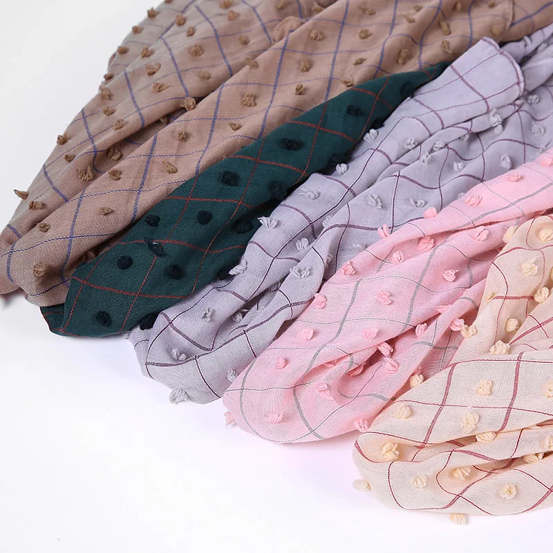 Dubai Grid Cotton Scarf Hijab New Shade Collection Fuzzy Ball Cotton Hijab Shawl