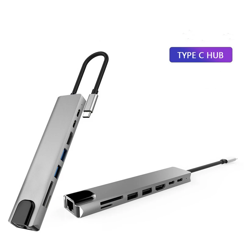 8 in 1 usb c hub USB3.0+USB2.0+ PD charging+ HDTV 4K +100mpbs+SD+TF usb hub usb c docking station