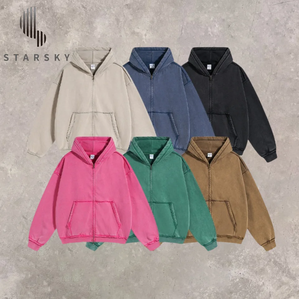 Men New Arrival Leisure Print Heavy Cotton Washed Old Retro Loose Edge Double-head Zipper Hooded Sweatshirt