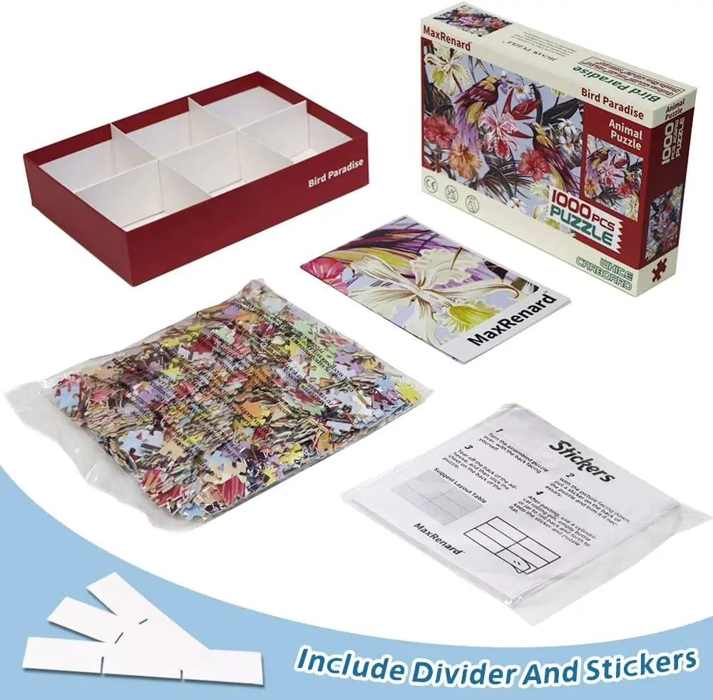 Custom 1000 Piece Paper Education Adult Game Puzzle Manufacture Jigsaw Puzzle Game 1000 Pieces Bird Paradise with Glue Sheets