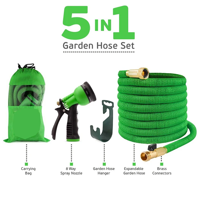 Expandable Garden Hose Extra Strong Stretch Material with Brass Connectors Bonus 8 Way Spray Nozzle
