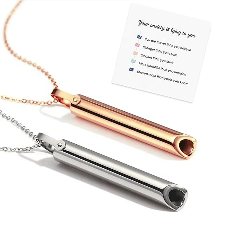 Stainless Steel Stress Relief Anxiety Tube Pendant Necklace Mindful Whistle Breathing Necklace for Anxiety Calming Meditation