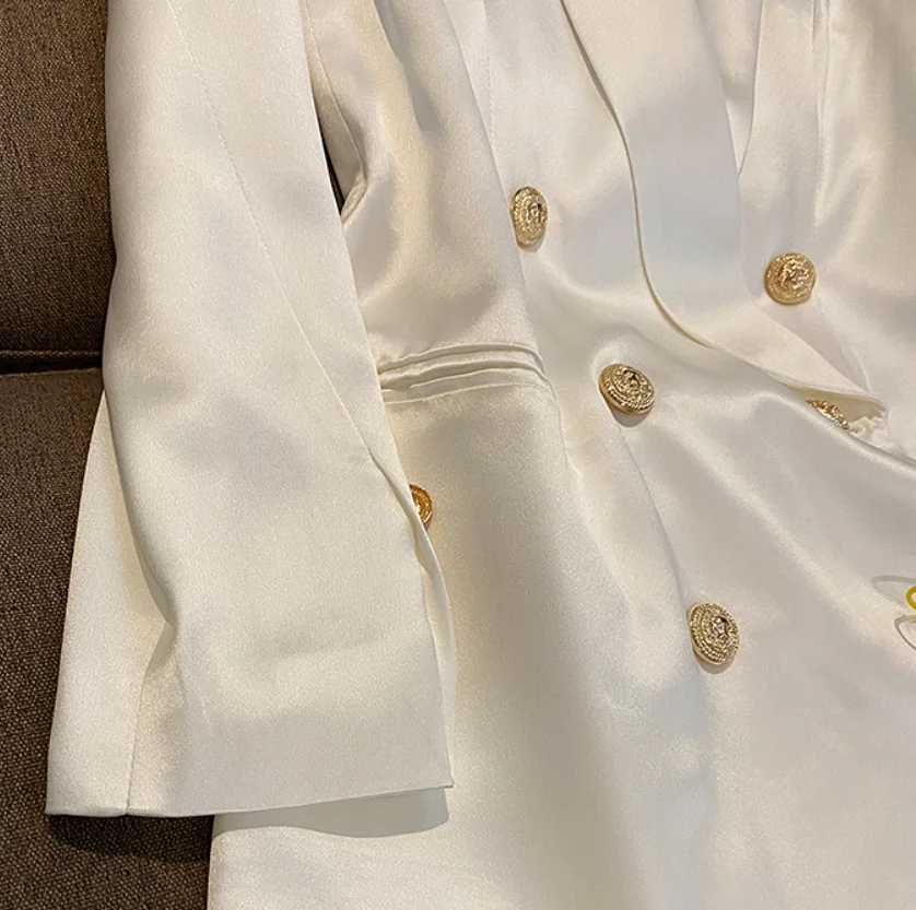 Elegant Satin Cloth Double-breasted Long Sleeve Shawl Collar Office Lady High Quality Blazer