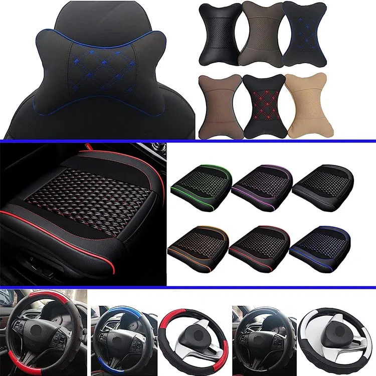 Black Car Neck Pillows Both Side Pu Leather 2pieces Pack Headrest Fit for Most Cars Filled Fiber Universal Heatrests Pillow