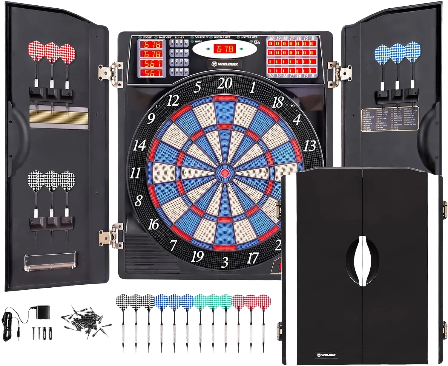 WIN.MAX Electronic Dart Board Cabinet Set, Brilliant LED Machine, 38 Games & 211 Versatile Variations, 12 High-quality Darts