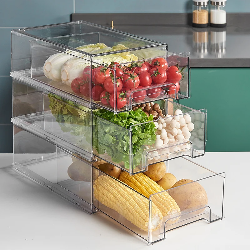 High Quality Clear Kitchen Fridge Organizers Stackable Pantry Storage Drawers Food Storage Container Boxes for Refrigerator