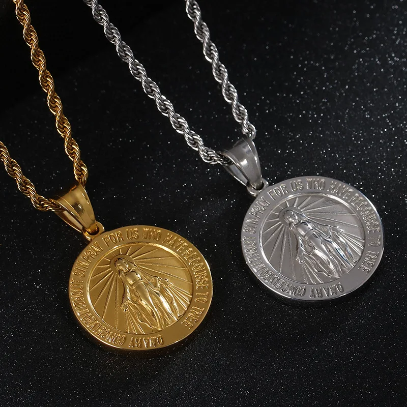 hip hop stainless steel gold plate mother cameo design virgin mary coin pendant necklace jewelry for men