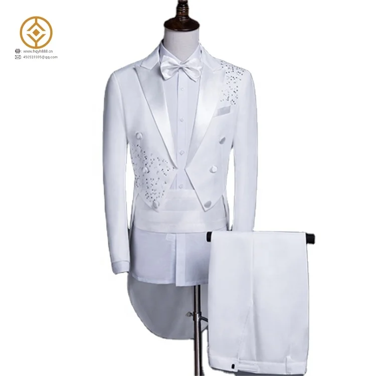 Mens Fashion Black White Crystal Wedding Tuxedo Gentleman Shiny Singer 2021