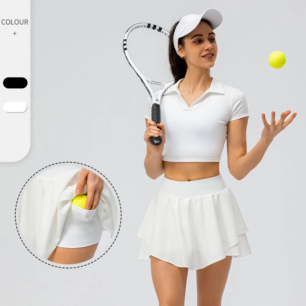 Custom Logo Turndown Collar Quick Dry 2 Piece Golf Women Skirt Set Tennis Wear With Pocket