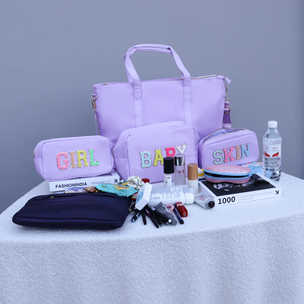 Waterproof 4 Size Nylon Make Up Custom Logo Blank Cosmetic Large Travel Makeup Cute Toiletry Purple Hanging Travel Cosmetic Bag