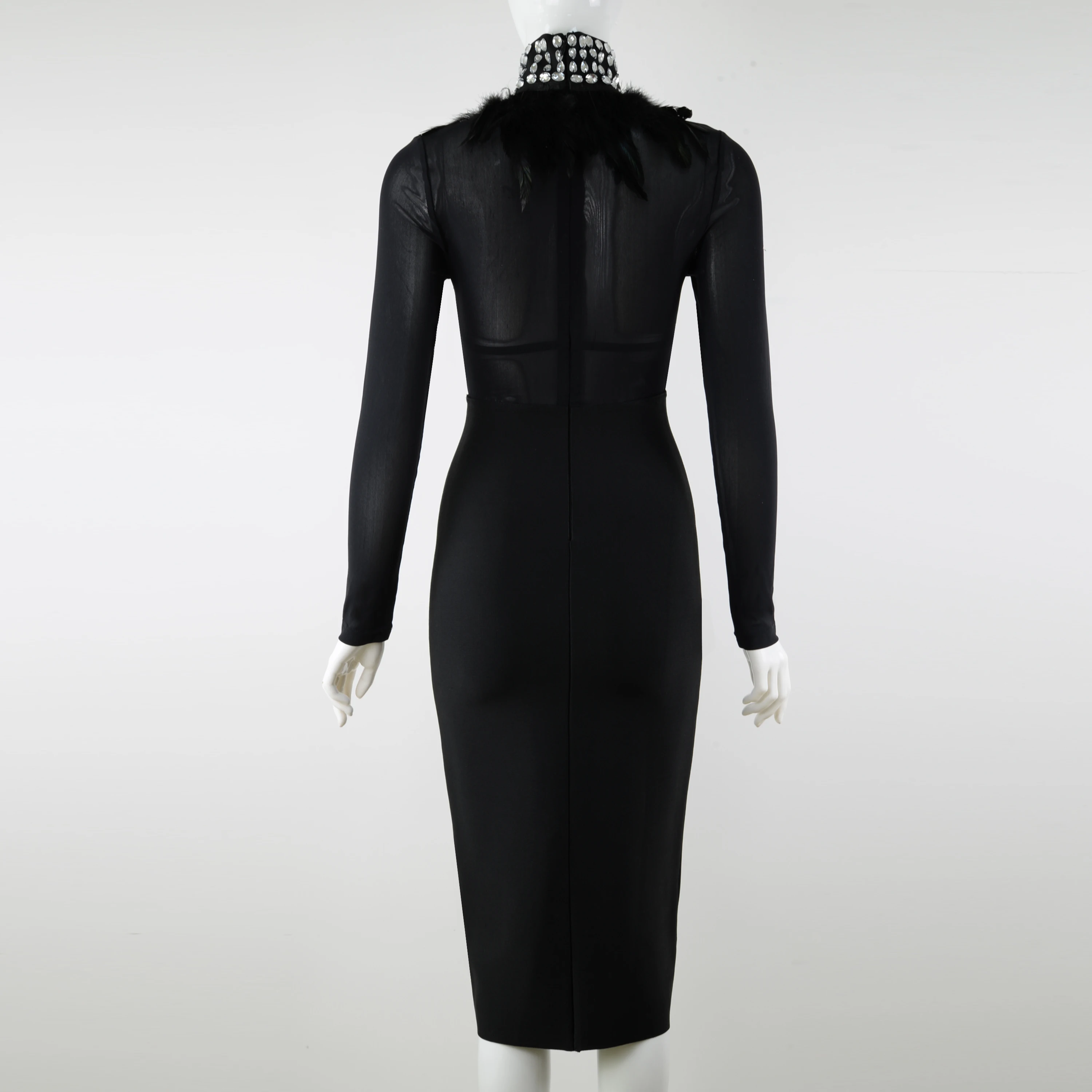 Модное Элегантное прозрачное вечернее женское платье со стразами и высоким воротником платье миди с длинным рукавом и перьями