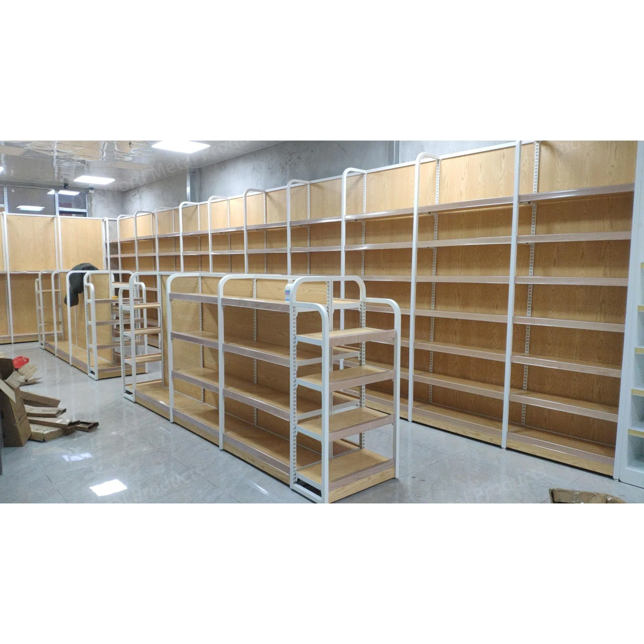 Customized Steel Wooden Supermarket Shelves Grocery Display Shelving Wood And Steel Racks Store Gondola For Sale