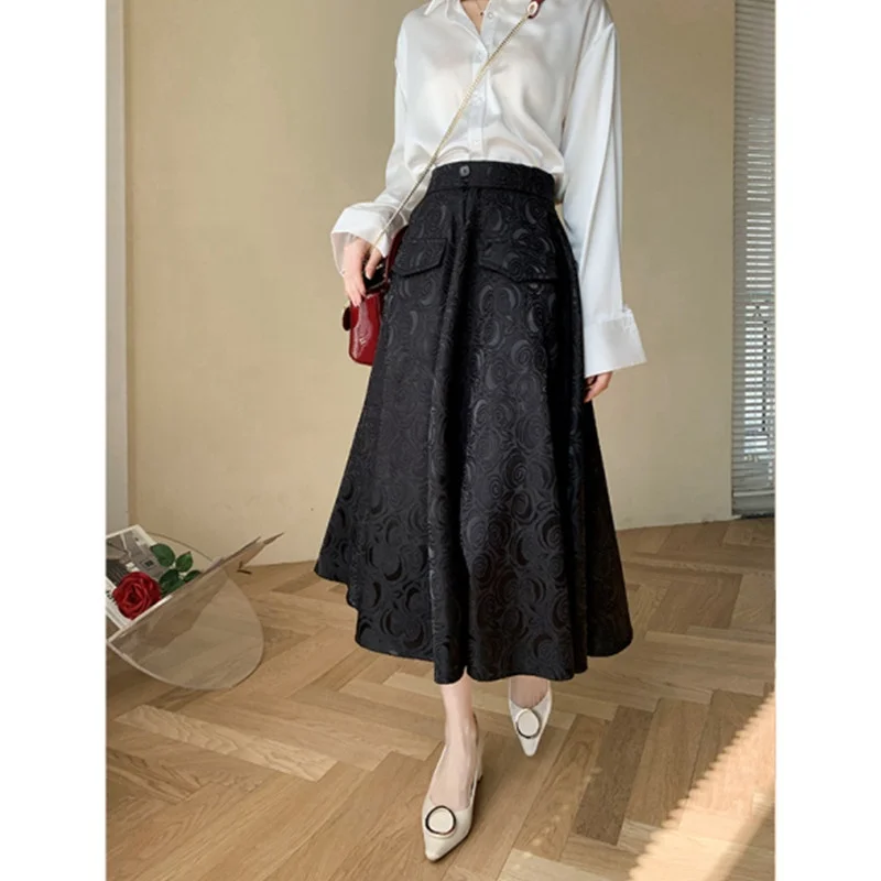 Black Skirt Ladies 2023 Hepburn style high waist vintage satin jacquard pocket skirt