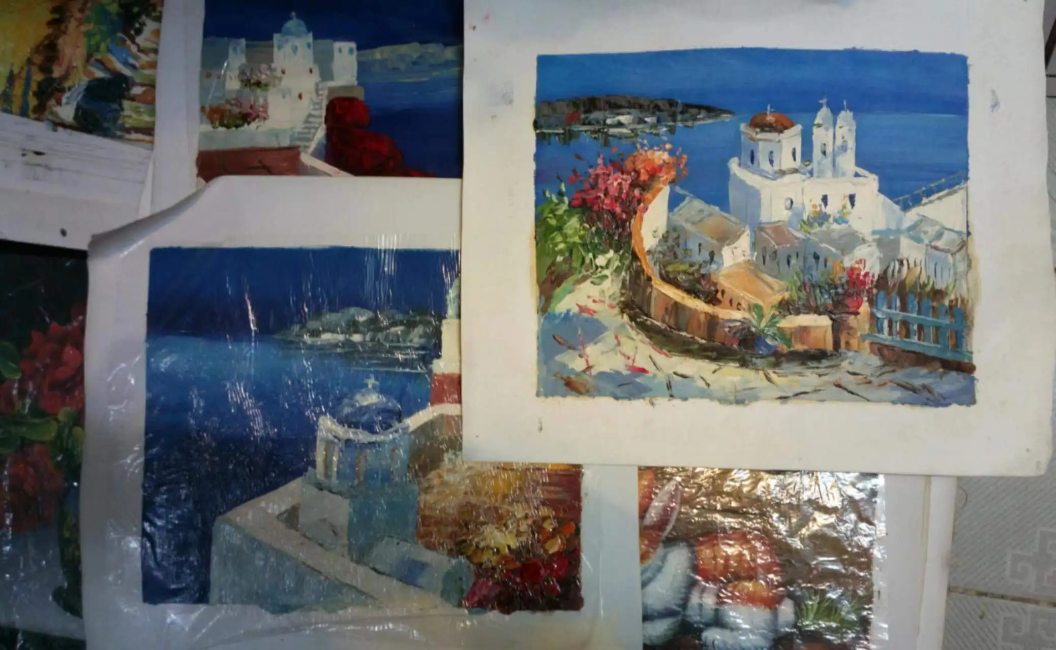wholesale modern style  low price no frame with easel santorini seaside oil painting painting