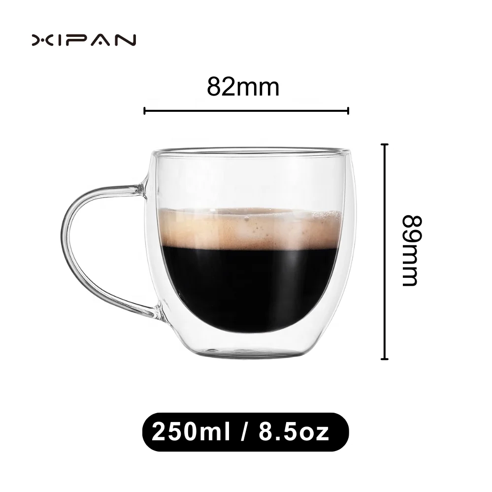 Customizable 350ml Insulated Espresso French Coffee Glasses Double-Wall Glass Tea Cups with Handle Personalized Logo Mugs