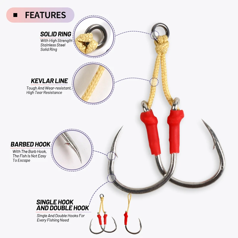 New 2/0 3/0 5/0 7/0 9/0 11/0 High Carbon Steel Fishing Hook Assist Jigging Hook Saltwater With Kevlar-fiber