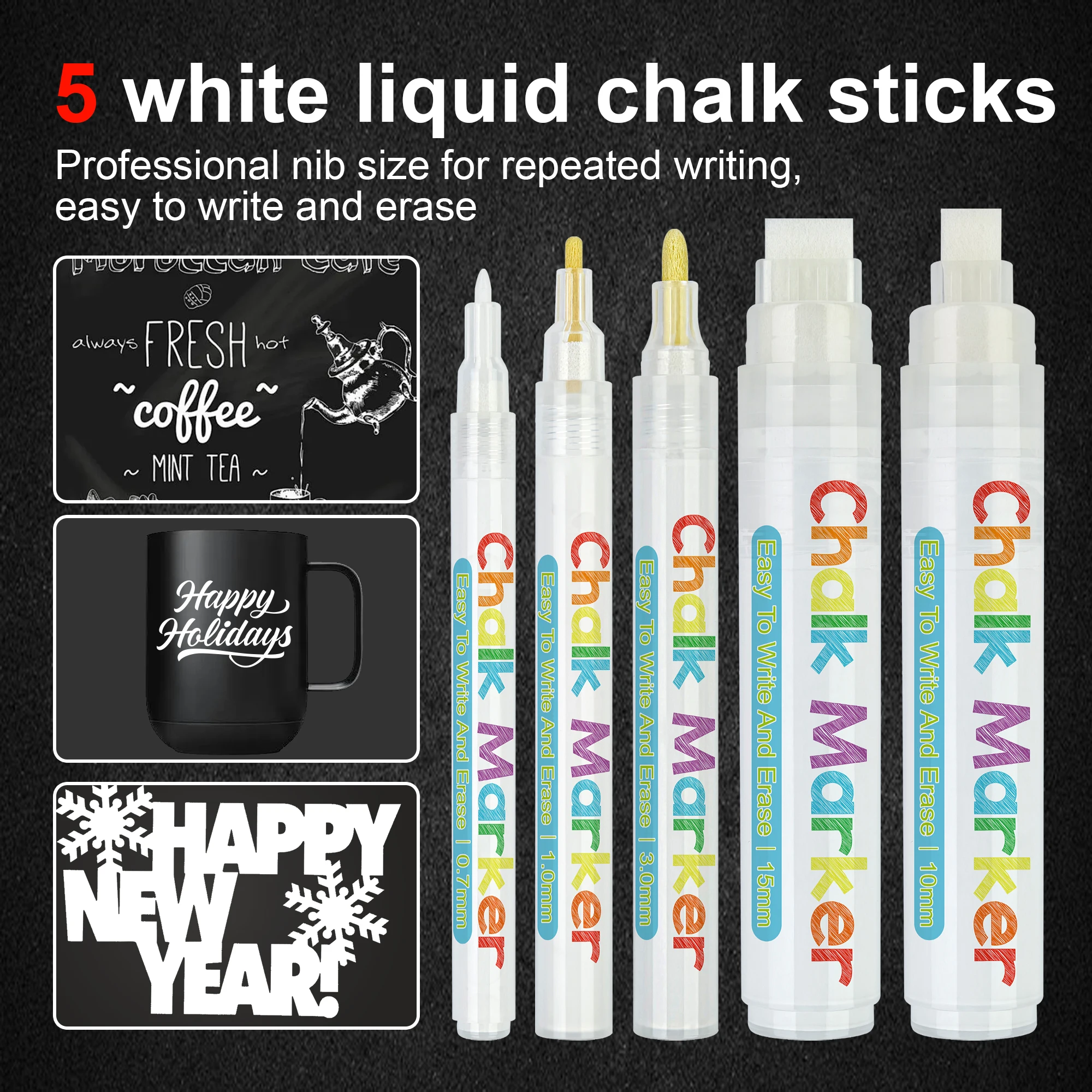 White Liquid Chalk Markers - Glass Window Markers Chalk Marker Pen Set, Fine & Jumbo Size 1mm, 3mm, 6mm, 10mm, 15mm