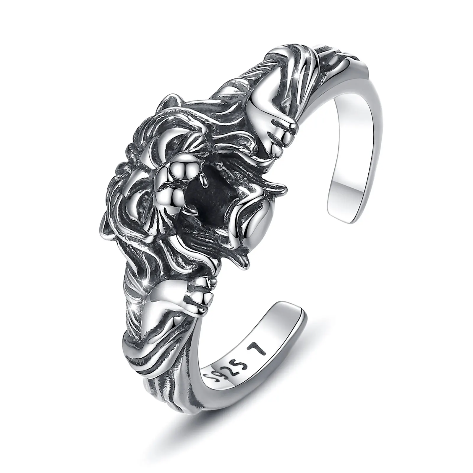 Changda 925 sterling silver adjustable jewelry rock hip hop vintage lion head finger ring for men