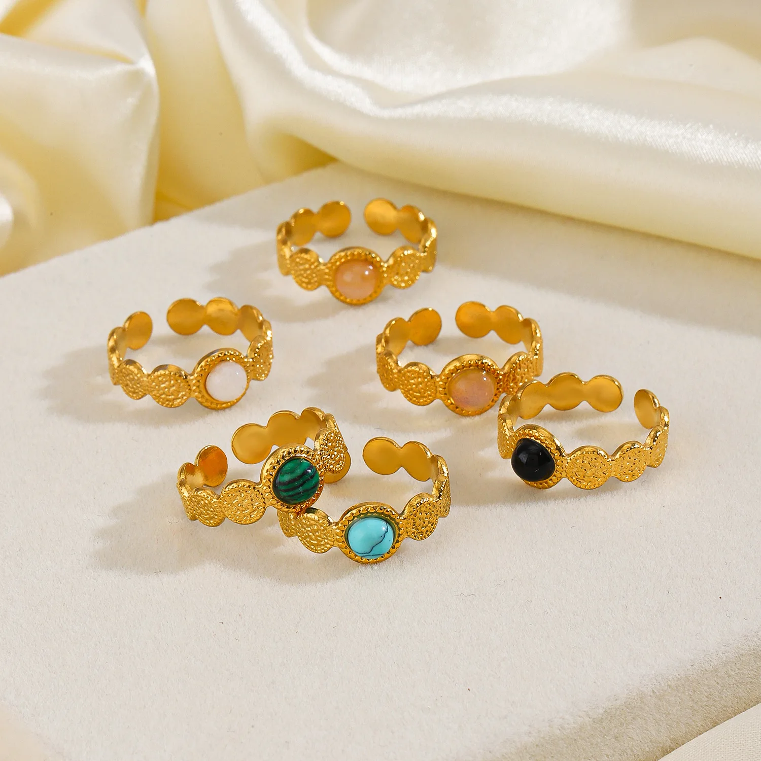 Non Tarnish Stainless Steel 18k Gold Turquoise Opal Open Finger Ring For Women Fashion Jade Crystal Natural Stone Knuckle Ring