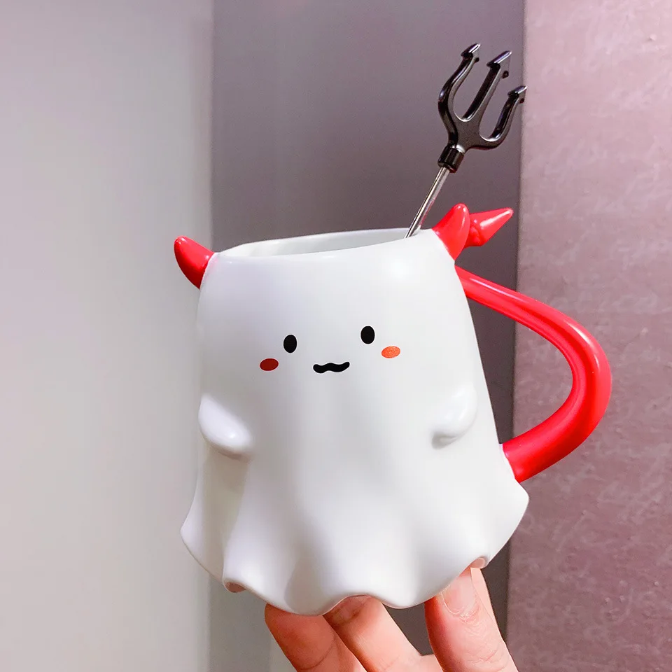 New arrival Halloween cup little demon cup ceramic mug with stirring stick milk coffee cup custom