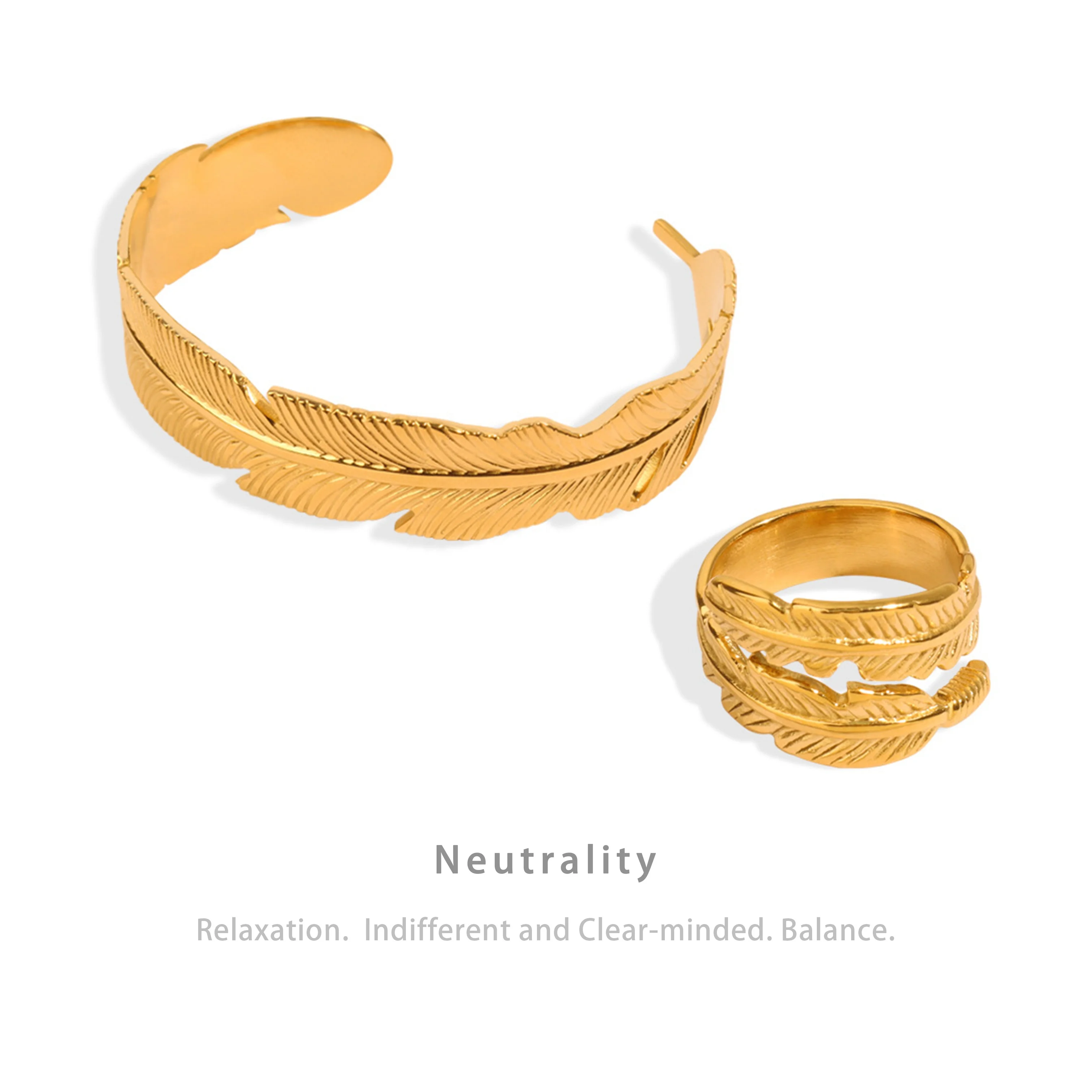 AIZL Neutrality Energy Jewelry Geometric Feather Design Open Bangle Ring Stainless Steel 18K Gold Plated Jewelry Set