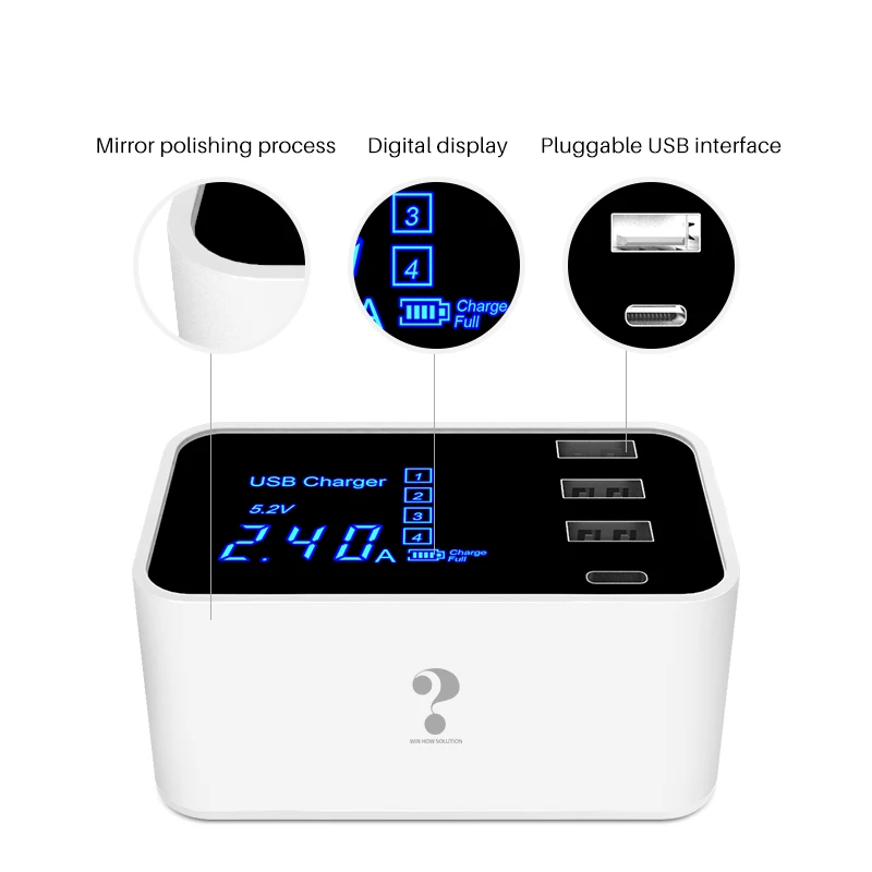 
DP hot selling 4-port usb charger quick charging 3usb 1 type-C with display charger for mobile phone tablet 