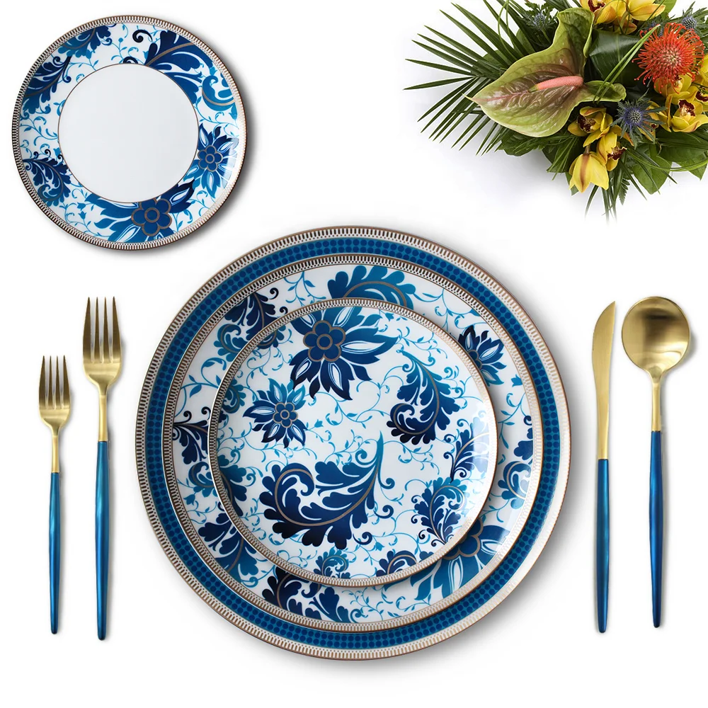 New Design luxury ceramic dinnerware wedding dinner sets bone China plate set blue flower porcelain dinner set