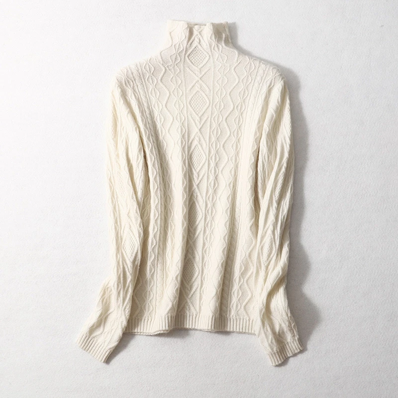 Модный зимний женский вязаный жаккардовый свитер с высоким воротником из 35% кашемира и 65% мериносовой шерсти
