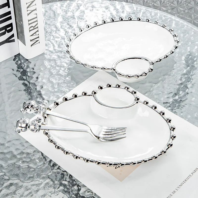 New Creative Silver Edged Dumpling Plate with Vinegar Dish Household Ceramic Divided Plate High Grade Ins Style