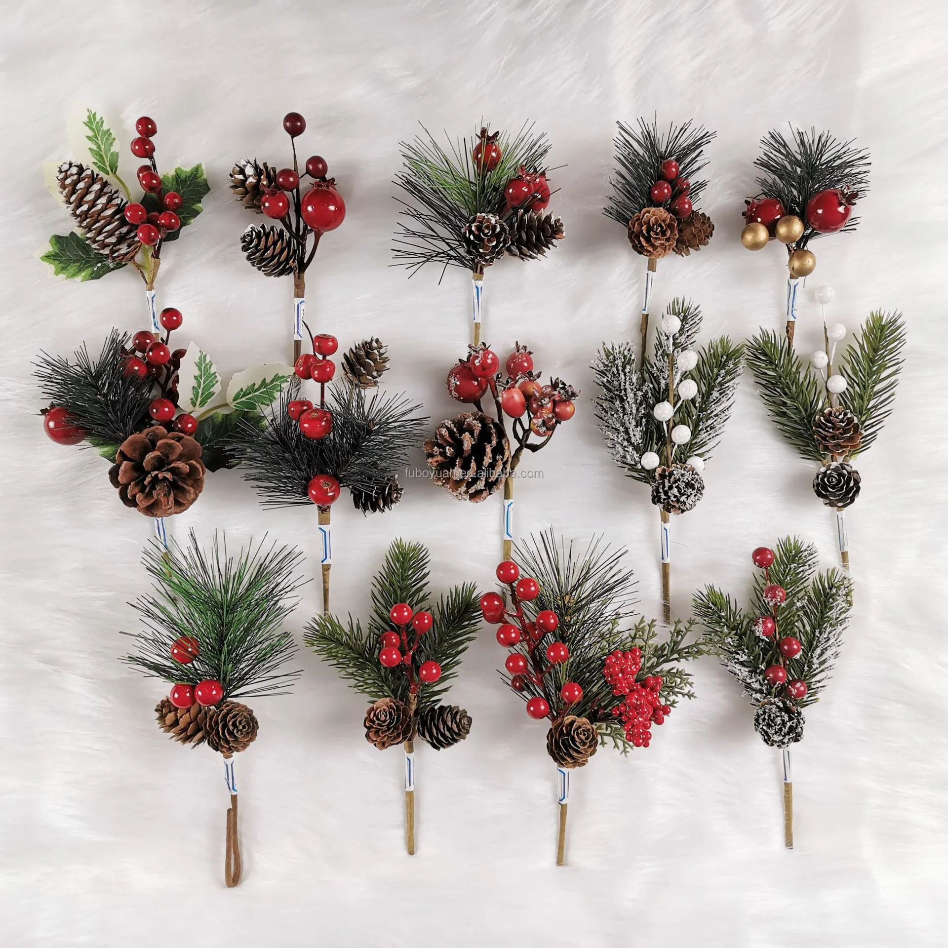 Christmas Floral Berry Snow Pine Branch XMAS Flower Plant Artificial Christmas Tree Spray Picks For Christmas Decorations