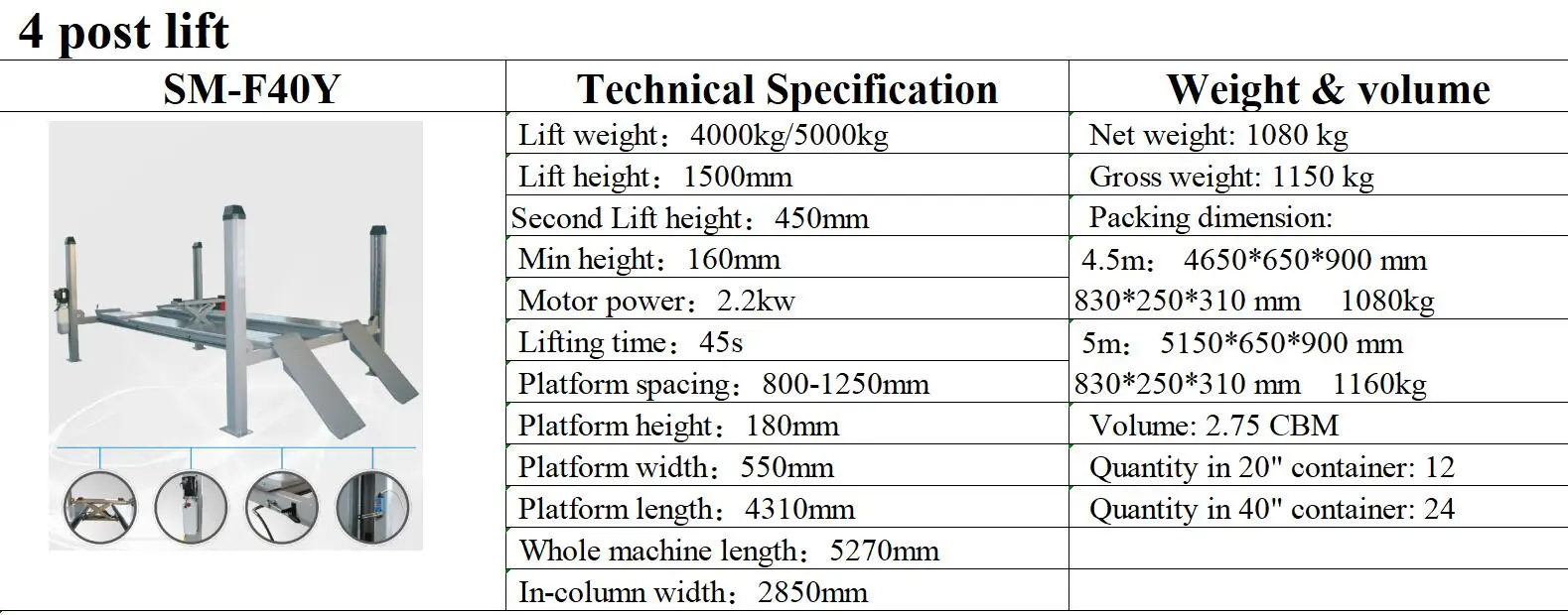 380V SM-F40Y 4T four post hydraulic car lift vehicle equipment with CE good price good quality