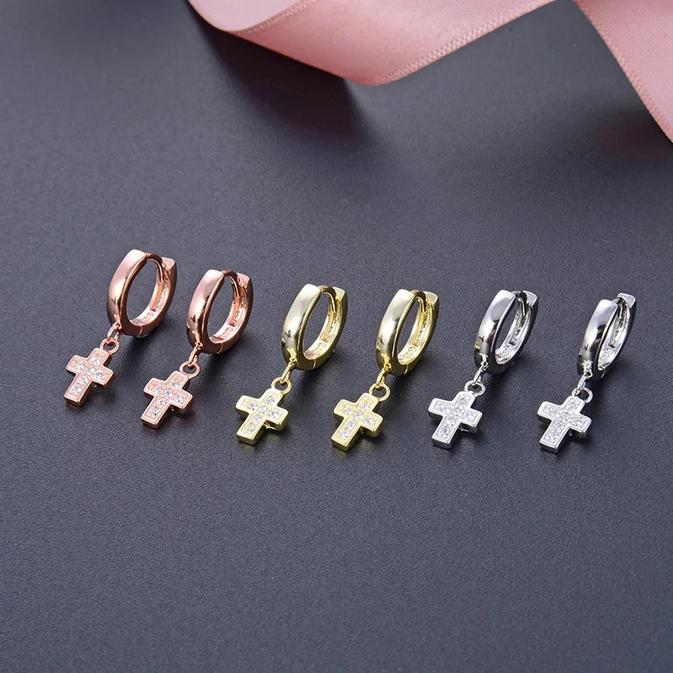 14K Gold Plated Girls Sterling Silver Earrings | Pave CZ Gold Cross Earrings for Women