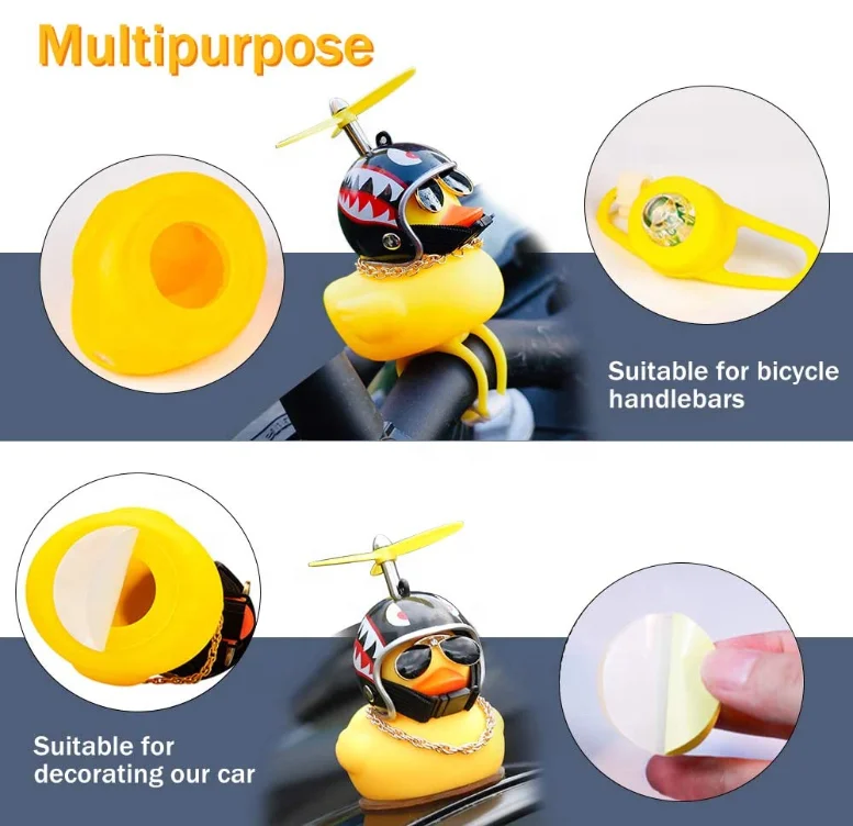 
Rubber Yellow Bike Duck Toy Car Dashboard Ornaments Decorations Squeeze Duck Bicycle Air Horn Light with Helmet and Rubber Band 