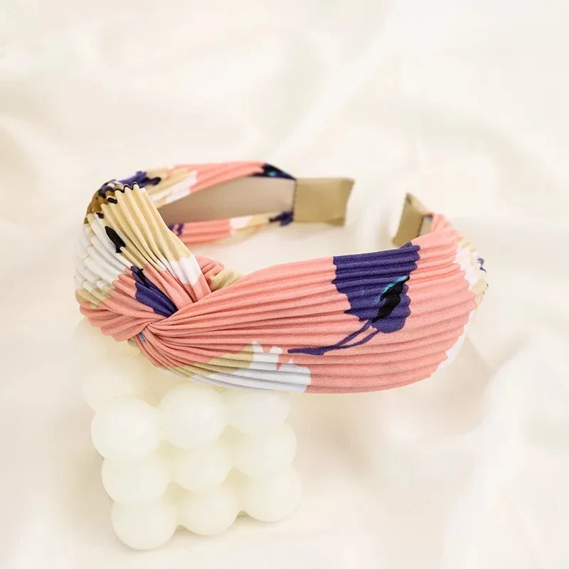 Korea Ethnic Style Hair Accessories Ladies Elegant Fashion Printed Pleated Cross Knot Handmade Headbands  For Girls & Women