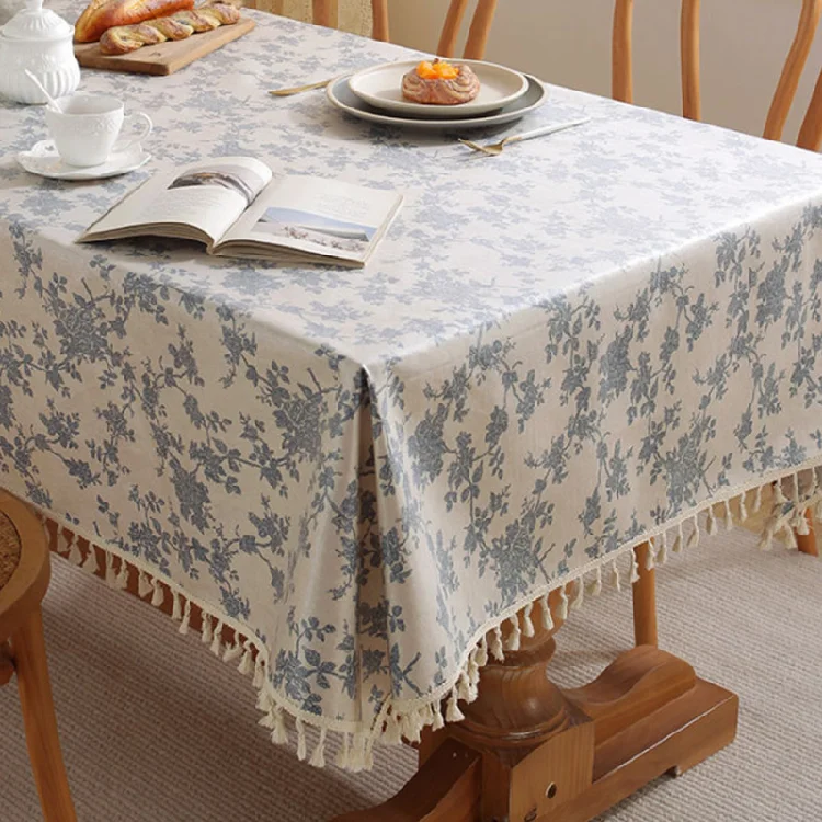 Fashionable Cotton Linen Tablecloths Blue Floral Pastoral Style Toile De Jouy Fabric For Slipcovers
