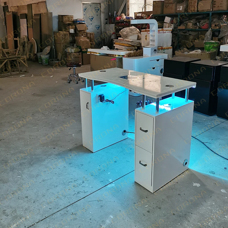 Nail Salon Furniture Modern High Gloss Marble Top Nails Bar Station Manicure Table With Fan